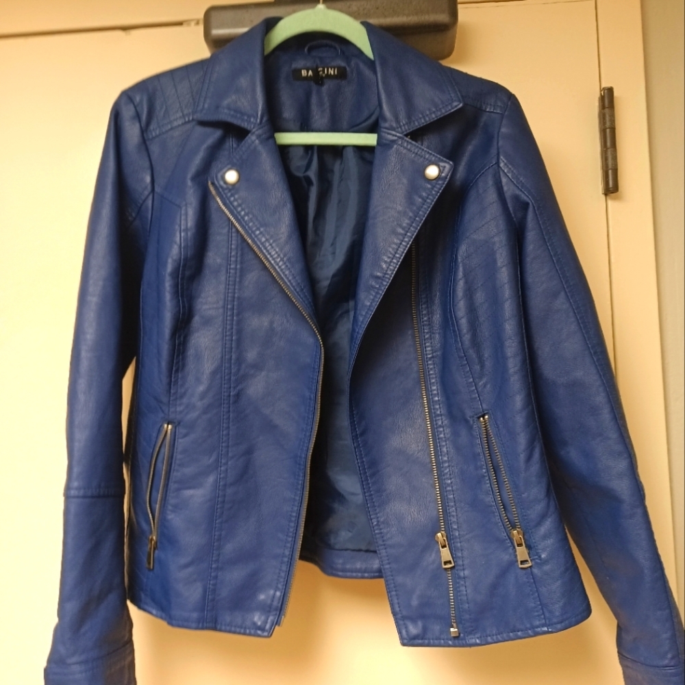 Blue faux leather moto jacket barely worn size M